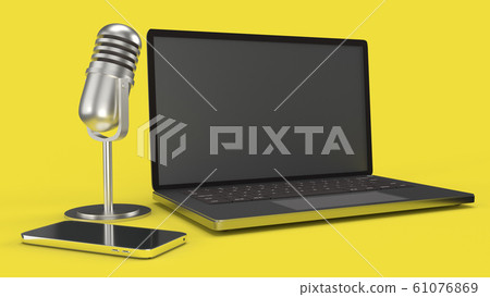 The vintage mic  notebook and smartphone on yellow background 3d rendering for podcast  content. 61076869