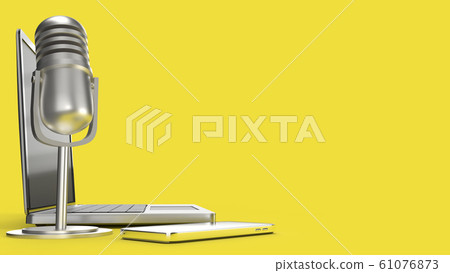 The vintage mic  notebook and smartphone on yellow background 3d rendering for podcast  content. 61076873