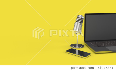 The vintage mic  notebook and smartphone on yellow background 3d rendering for podcast  content. 61076874