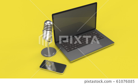 The vintage mic  notebook and smartphone on yellow background 3d rendering for podcast  content. 61076885