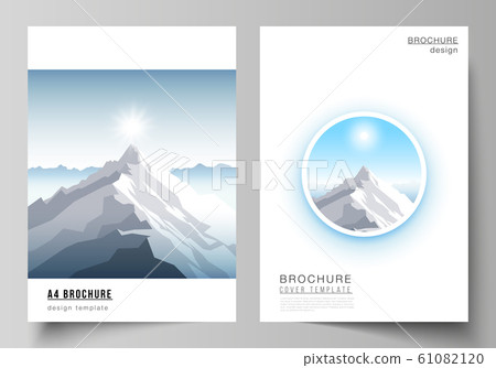 Vector layout of A4 format modern cover mockups design templates for brochure, magazine, flyer, booklet, report. Mountain illustration, outdoor adventure. Travel concept background. Flat design vector Vector layout of A4 format modern cover mockups design templates for brochure, magazine, flyer, booklet, report. Mountain illustration, outdoor adventure. Travel concept background. Flat design vector 61082120