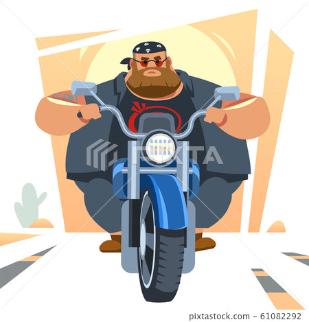 Big biker rides motorcycle, turns, bright colors motorcycle, sports fast motorcycle. Cartoon, flat vector illustration isolated in white background.