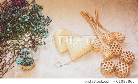 Set of Empty wicker basket on the table with background in natural linen and green plant,Template mock up for display of product Set of Empty wicker basket on the table with background in natural linen and green plant,Template mock up for display of product 61085863