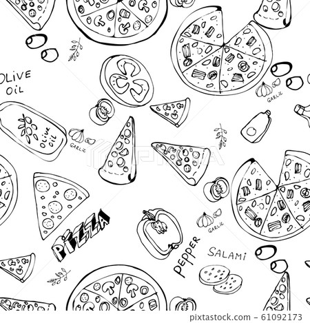 Seamless pattern with hand drawn pizza slices. Seamless pattern with hand drawn pizza slices. 61092173