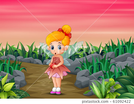 Cartoon a cute little love fairy holding a heart 61092422