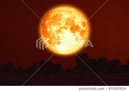 full harvest blood moon on red sky and silhouette full harvest blood moon on red sky and silhouette 61093924