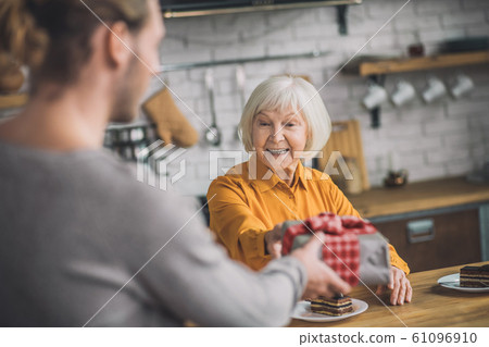 Elegant good-looking grey-haired woman smiling nicely to her son Elegant good-looking grey-haired woman smiling nicely to her son 61096910