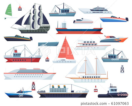 Sea ships. Fishing boat and big vessel for ocean travel on white background design vector shipping set 61097063