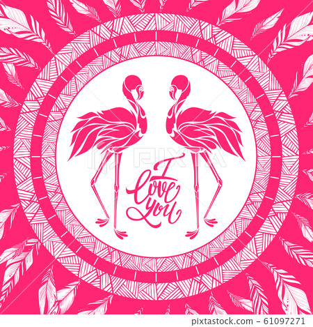 Valentine romantic card, two pink flamingos in 61097271
