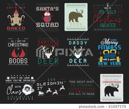 Funny Christmas graphic prints set, t shirt designs for ugly sweater xmas party. Holiday decor with xmas tree, santa, gingerbread, bear other elements and ornaments. Fun typography. Stock vector