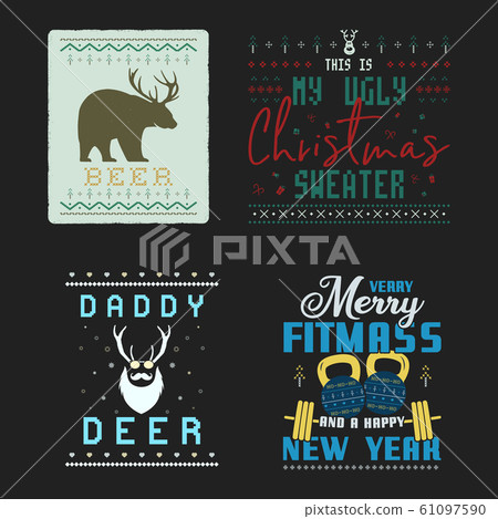 Funny Christmas graphic prints set, t shirt designs for ugly sweater xmas party. Holiday decor with xmas tree, bear, fitness gear texts and ornaments. Fun typography. Stock vector Funny Christmas graphic prints set, t shirt designs for ugly sweater xmas party. Holiday decor with xmas tree, bear, fitness gear texts and ornaments. Fun typography. Stock vector 61097590