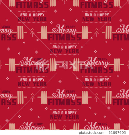 Merry Fitmass seamless pattern, graphic print for ugly sweater xmas party, decoration with barbell and kettlebell. Fun typography quote. Stock vector red background illustration. Retro design 61097603