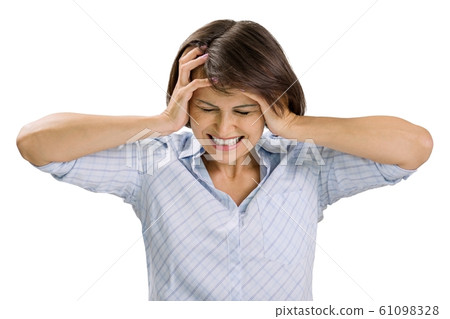 Portrait of sad mature woman, closed eyes and ears, screaming in despair, white background isolated. Facial expression, reaction and negative emotions. Portrait of sad mature woman, closed eyes and ears, screaming in despair, white background isolated. Facial expression, reaction and negative emotions. 61098328