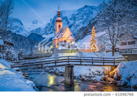 Church of Ramsau in winter twilight, Bavaria, Germany 61098766