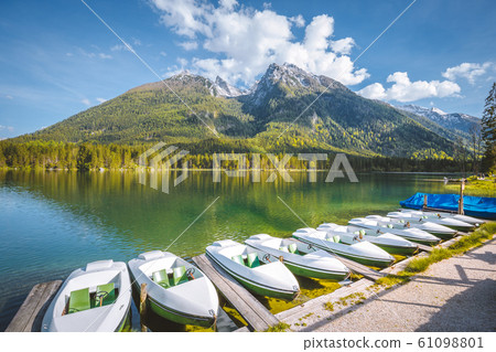 Boats at Hintersee lake in summer, Bavaria, Germany 61098801