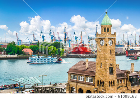 Famous Hamburger Landungsbruecken with harbor and Elbe river, Hamburg, Germany 61099168