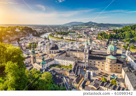 Aerial view of the historic city of Salzburg at sunset, Austria 61099342