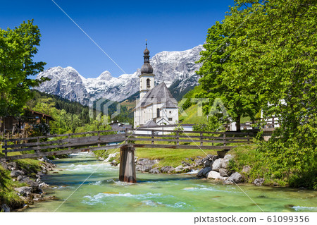 Ramsau mountain village with church in summer, Berchtesgadener Land, Bavaria, Germany Ramsau mountain village with church in summer, Berchtesgadener Land, Bavaria, Germany 61099356