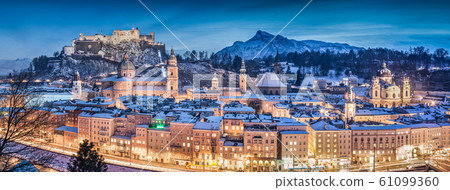 Salzburg winter panorama at blue hour, Austria Salzburg winter panorama at blue hour, Austria 61099360
