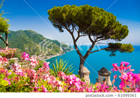Amalfi Coast with Gulf of Salerno from Villa Rufolo gardens in Ravello, Campania, Italy 61099361