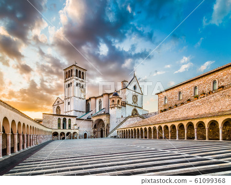 Basilica of St. Francis of Assisi at sunset, Assisi, Umbria, Italy 61099368