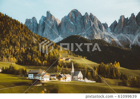 Val di Funes in the Dolomites at sunset, South Tyrol, Italy 61099639