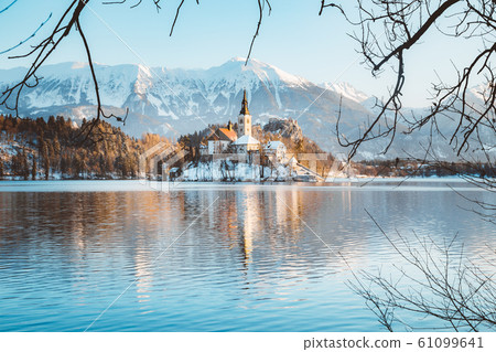 Lake Bled with Bled Island and Castle at sunrise, Bled, Slovenia 61099641