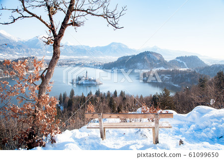 Lake Bled with wooden bench in winter, Slovenia Lake Bled with wooden bench in winter, Slovenia 61099650