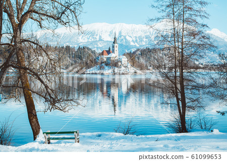 Lake Bled with Bled Island and Castle at sunrise, Bled, Slovenia 61099653