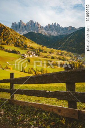 Val di Funes in the Dolomites at sunset, South Tyrol, Italy 61099662