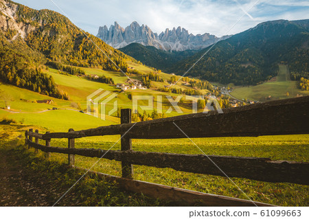 Val di Funes in the Dolomites at sunset, South Tyrol, Italy 61099663