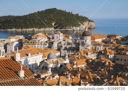 Dubrovnik terra cotta rooftops at sunset, Croatia 61099720