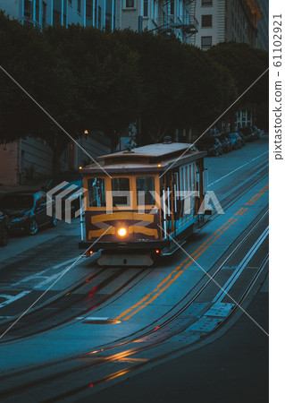 Historic San Francisco Cable Car on famous California Street at twilight, California, USA 61102921