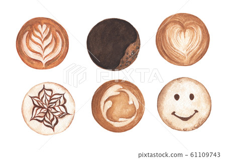 Top view of hot coffee cappuccino latte art foam. Watercolor illustration. Top view of hot coffee cappuccino latte art foam. Watercolor illustration. 61109743