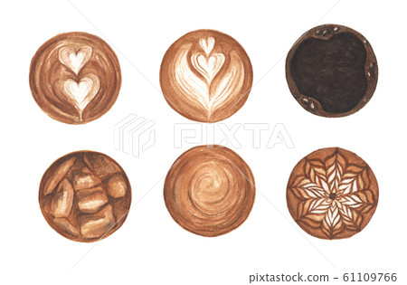 Top view of hot coffee cappuccino latte art foam. Watercolor illustration. Top view of hot coffee cappuccino latte art foam. Watercolor illustration. 61109766