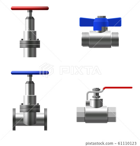 Set valves ball, fittings, pipes of metal piping system. Different types valves water, oil, gas pipeline, pipes sewage. Construction and industrial pressure technology plumbing. Vector illustration Set valves ball, fittings, pipes of metal piping system. Different types valves water, oil, gas pipeline, pipes sewage. Construction and industrial pressure technology plumbing. Vector illustration 61110123