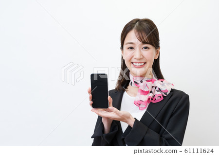 Business woman (young woman, white background, receptionist, smartphone Business woman (young woman, white background, receptionist, smartphone 61111624