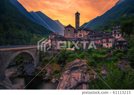 Sunset above the Lavertezzo village in the Swiss Alps, Switzerland 61113215