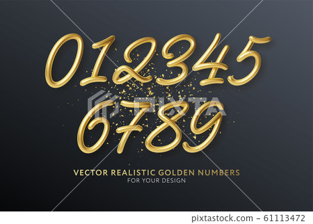 Realistic 3d lettering numbers isolated on black background. Golden numbers set. Decoration elements for banner, cover, birthday or anniversary party invitation design. Vector illustration 61113472