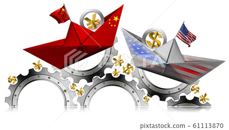 USA and China trade war - Paper boats with currency symbol and cogs 61113870