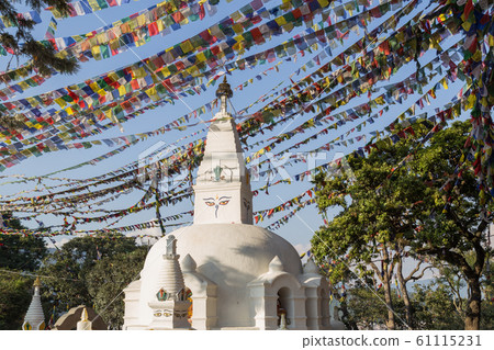 Stupa with prayer flags at Swayambunath temple, Nepal 61115231