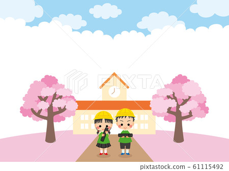 Boy and girl standing with diplomas in front of kindergarten Boy and girl standing with diplomas in front of kindergarten 61115492