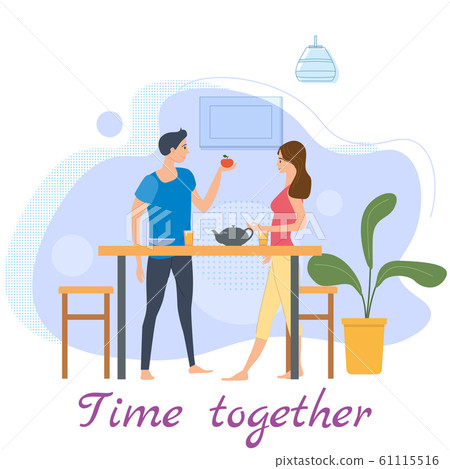 Cute loving couple at table, drinking tea or coffee and eating together at home. Daily life of cute happy couple. Male female characters. Vector illustration flat cartoon 61115516