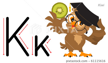 English alphabet picture letter for children. English language abc. Owl teacher holds kiwi English alphabet picture letter for children. English language abc. Owl teacher holds kiwi 61115616
