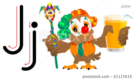 English alphabet letter for children. English language abc. Owl clown holds glass of juice English alphabet letter for children. English language abc. Owl clown holds glass of juice 61115618