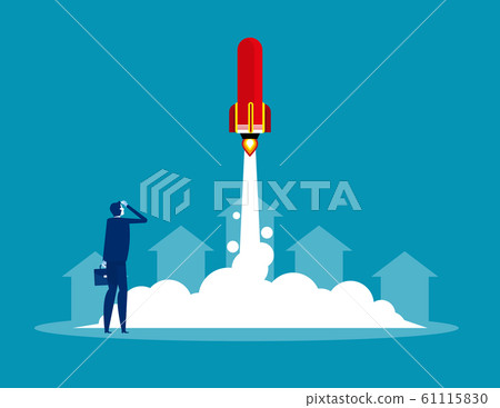 Businessman launches rocket. Concept business Businessman launches rocket. Concept business 61115830