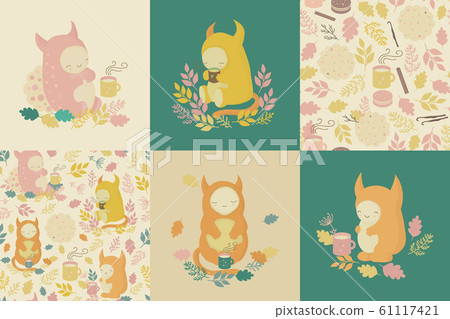 Set of kids cartoon illustrations and patterns 61117421