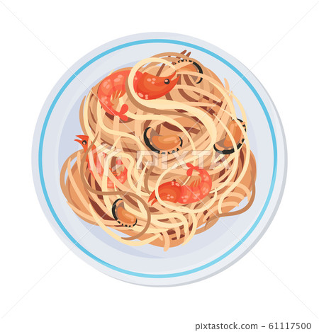 Spaghetti or Capellini Pasta with Prawns and Oysters Served on Plate Vector Illustration 61117500
