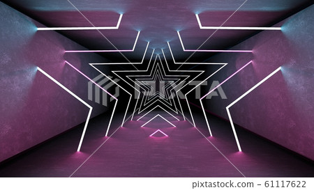 Night club interior lights 3d render for laser show. Glowing lines. Abstract fluorescent background. Neon room corridor background. Light abstract futuristic design. Modern geometric glow interior Night club interior lights 3d render for laser show. Glowing lines. Abstract fluorescent background. Neon room corridor background. Light abstract futuristic design. Modern geometric glow interior 61117622