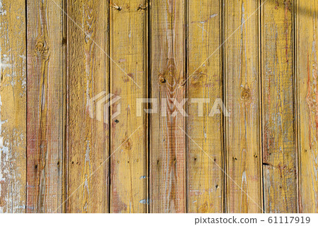 Old shabby wooden planks with cracked color paint 61117919
